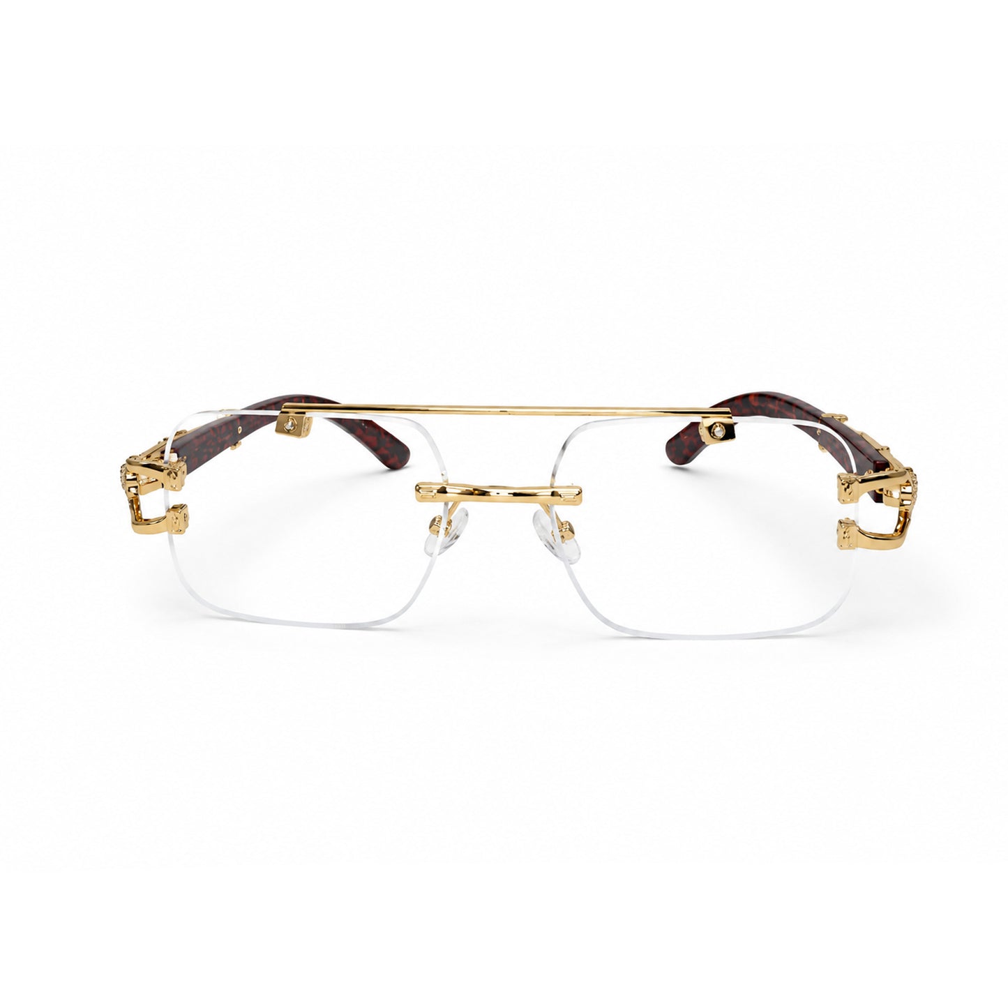 Luxury Rimless Square Eyeglasses ,Gold Bar with Red Tortoise Temples