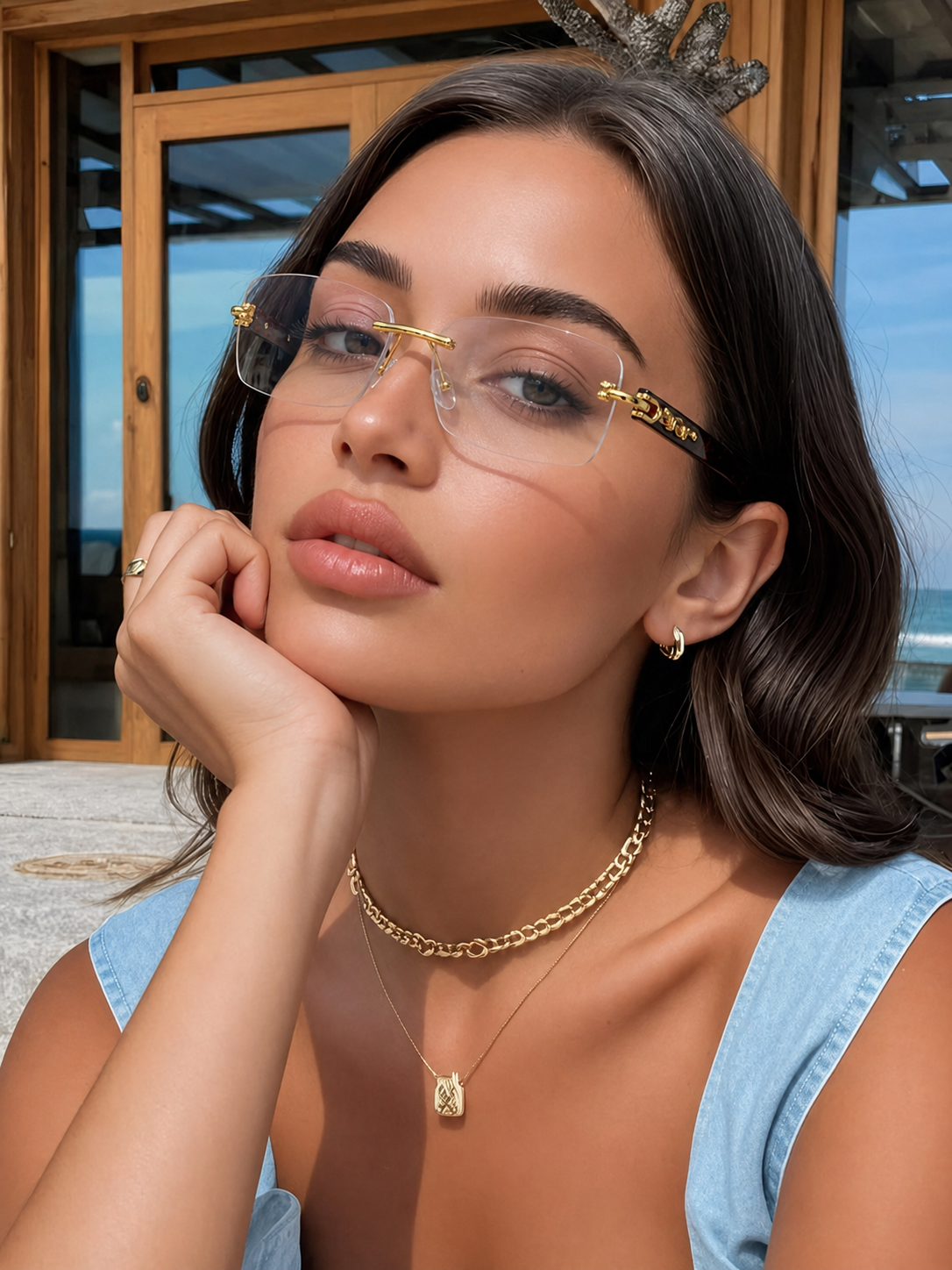 Luxury Rimless Gold Rectangle Eyeglasses – Red Tortoise Temples