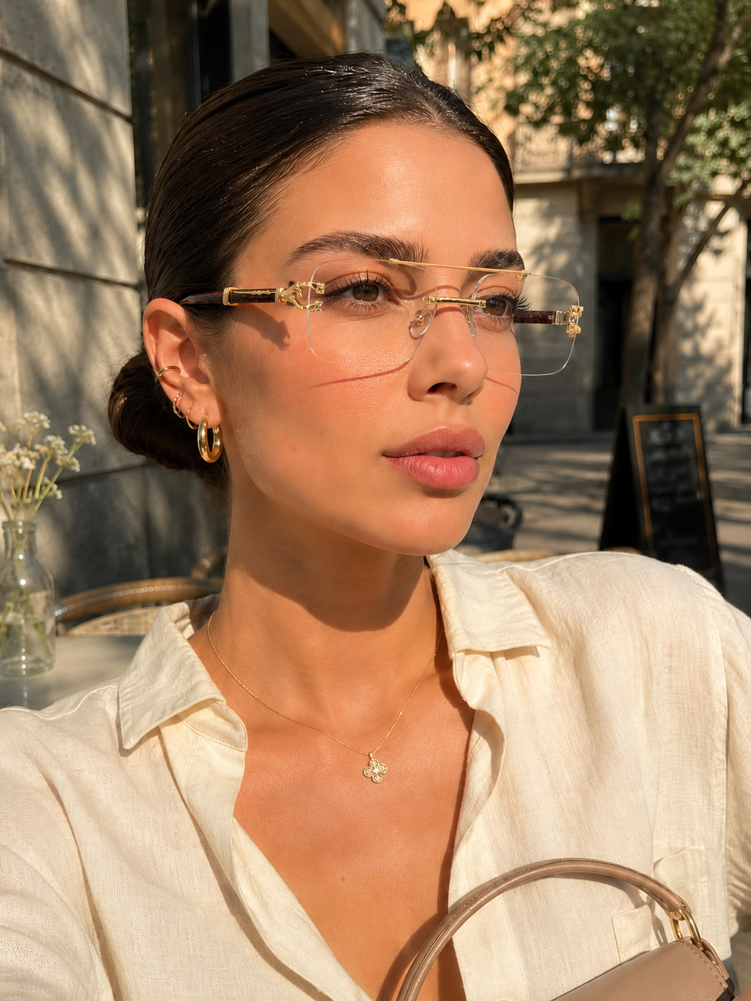 Luxury Rimless Square Eyeglasses ,Gold Bar with Red Tortoise Temples